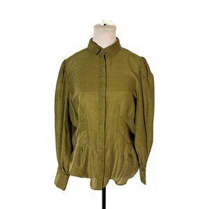 Max Olive Green Button-Up Lyocell Nylon & Linen Puff Sleeves Blouse Size 12